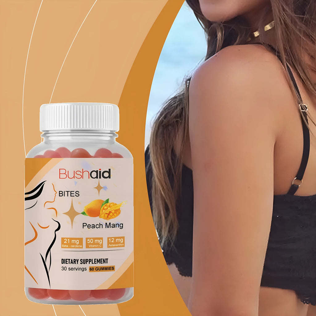 BUSHAID tanning supplement gummy candies showing 60 soft chews containing astaxanthin and vitamins