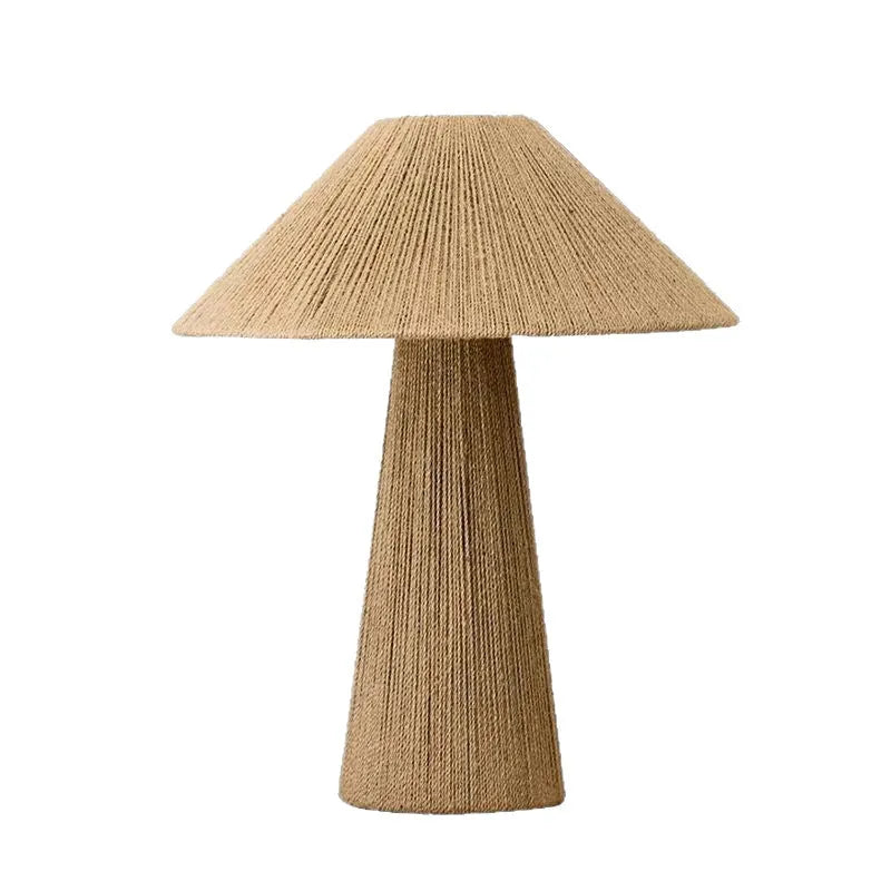 Japanese-style hand-woven bamboo hat table lamp with 38cm rope shade on wooden surface