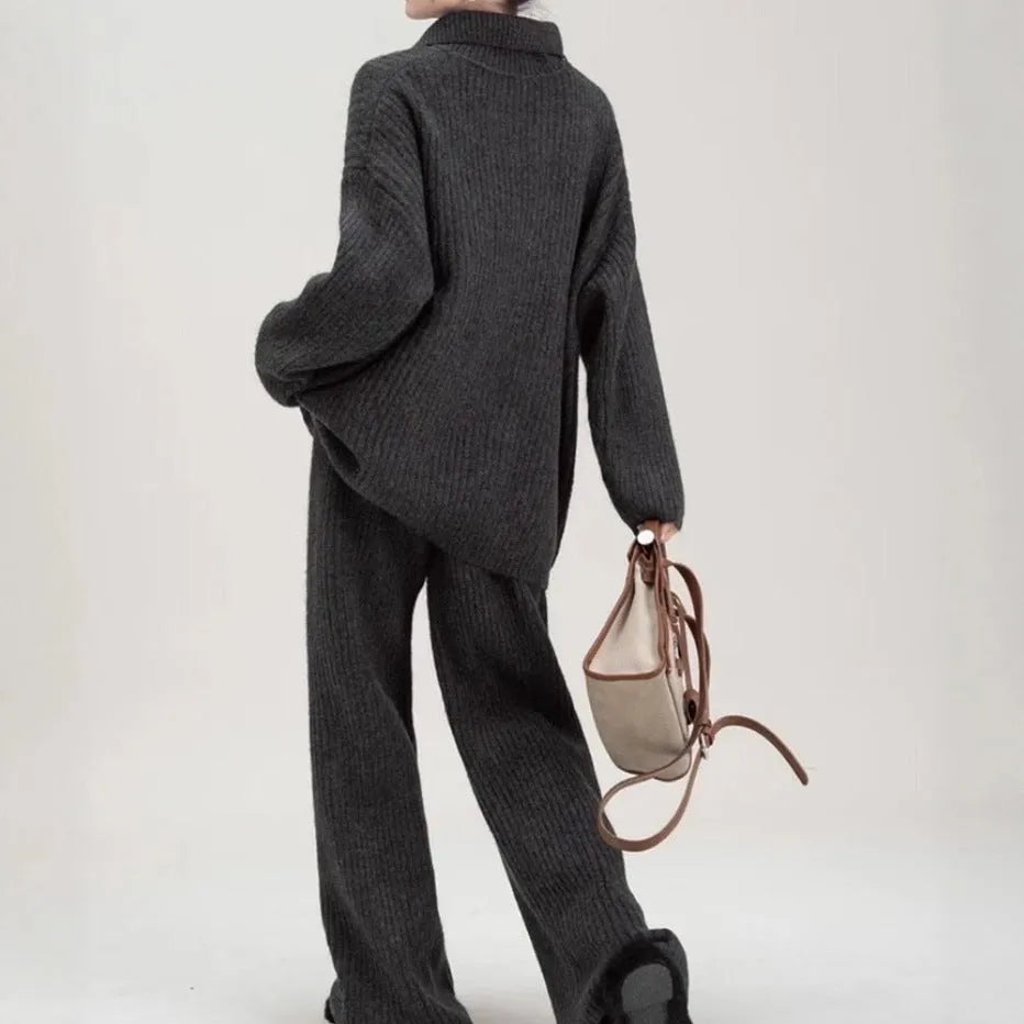 Beige acrylic fibre imitation cashmere sweater suit two-piece set with long sleeve top and trousers.