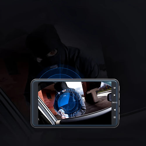 4-inch touchscreen adhesive dashcam with dual lens mounted on car windscreen