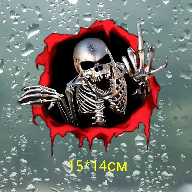 Colourful broken shell peeping metal skull design car bumper sticker measuring 15x14cm