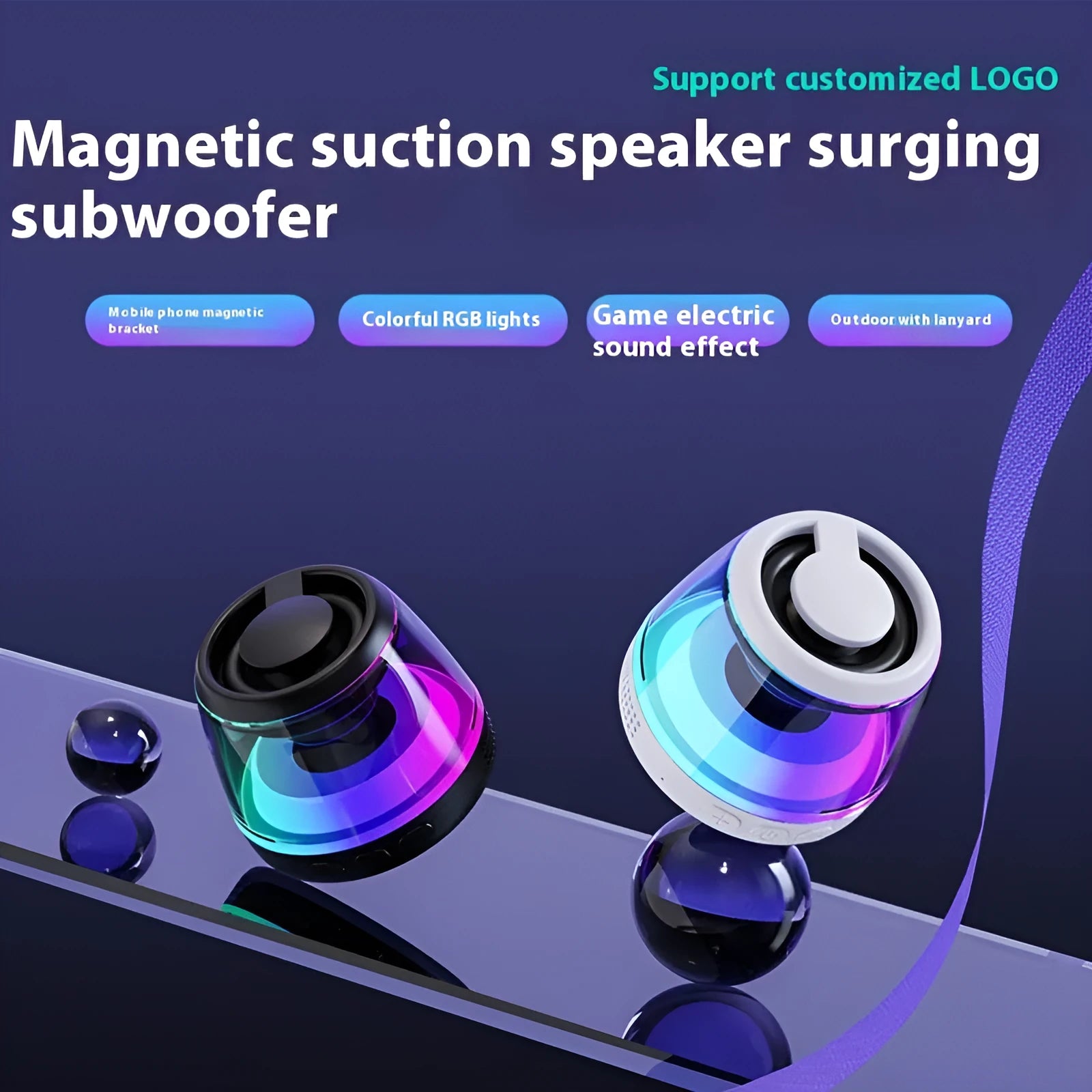 Black portable Bluetooth mini speaker with ambient light on a metallic surface, showing its magnetic base.