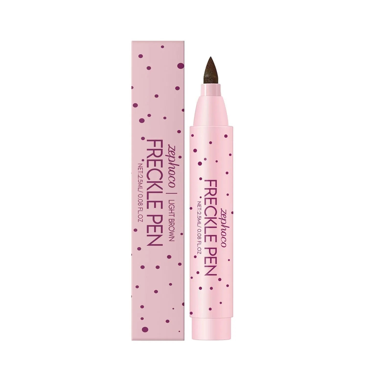 Freckle pen cosmetic product with brush applicator in dark brown and light brown options.