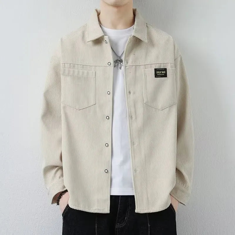 Men's corduroy cardigan jacket in black, dark grey, khaki, or orange with long sleeves