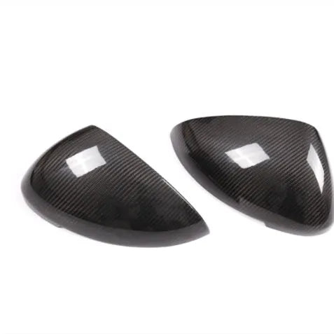 Carbon fibre Porsche Macan mirror covers showing woven pattern and precise dimensions for 14-22 model year fitment