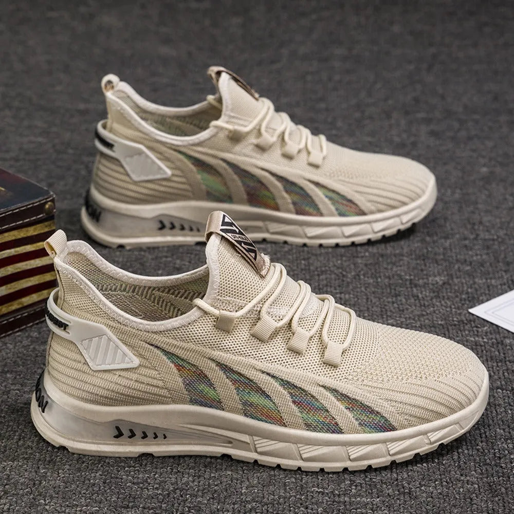 Low-top mesh sneaker with plastic sole in black colour showing striped pattern and flat heel design