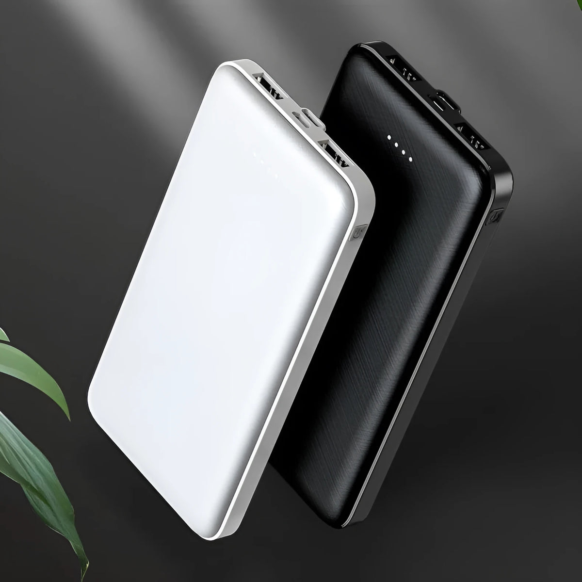20000 mAh plastic-shell power bank with multi-U port output, black colour, 139x70x15mm