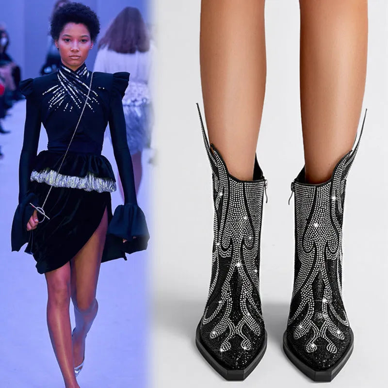 Women's square toe Martin boots with chunky heel, rhinestone flame design, and side zipper in multiple colours