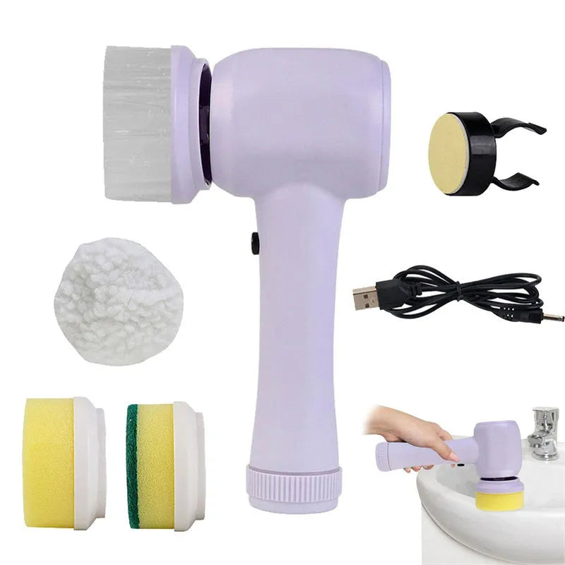 Cordless electric cleaning brush with multiple brush heads in white gray or purple options