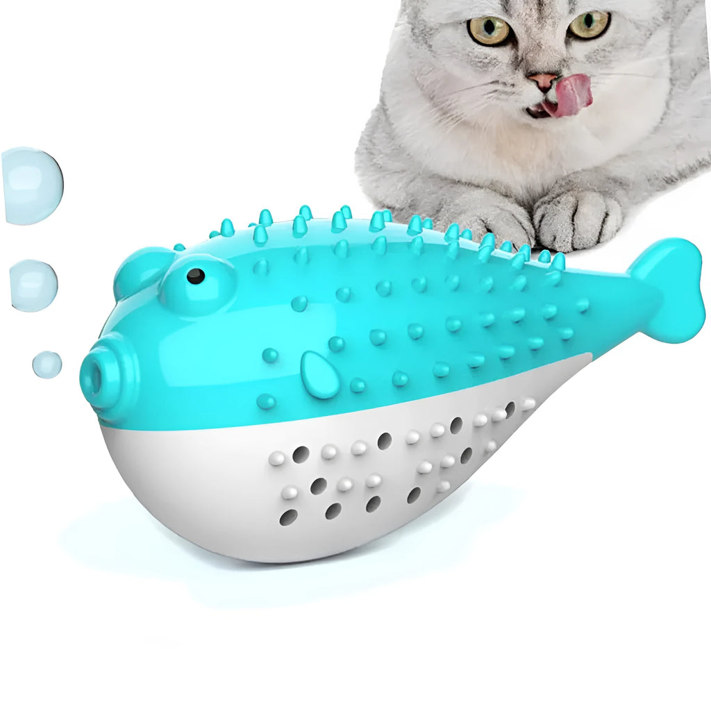Silicone fish cat chew toy in blue, green, pink, or yellow colours measuring 12.2cm long