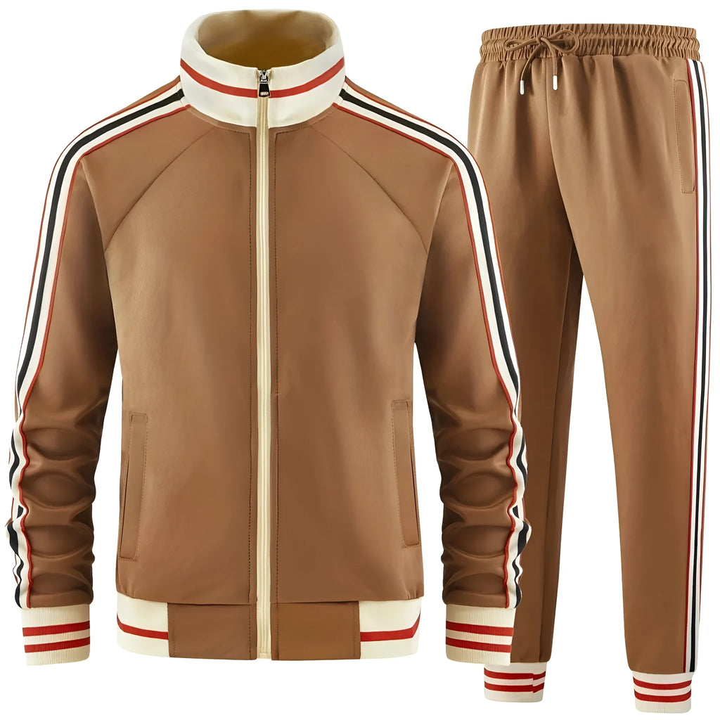 A khaki-coloured casual two-piece suit featuring a turtleneck zipper cardigan and matching trousers.