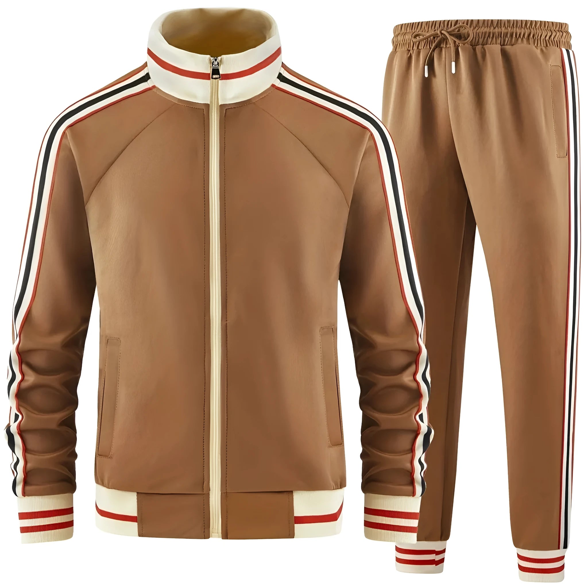 A khaki-coloured casual two-piece suit featuring a turtleneck zipper cardigan and matching trousers.