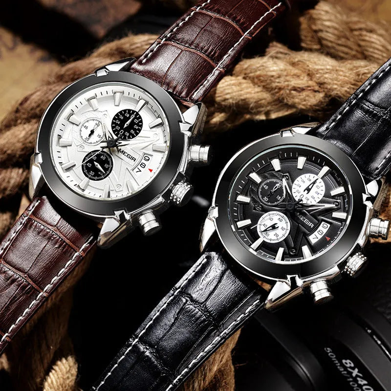 Men's three-eye quartz watch with waterproof luminous display in black or brown colour options