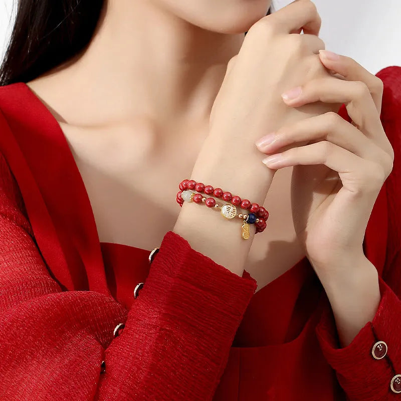 S925 sterling silver women's bracelet with white shell blessing card and cinnabar beads, 6mm diameter.