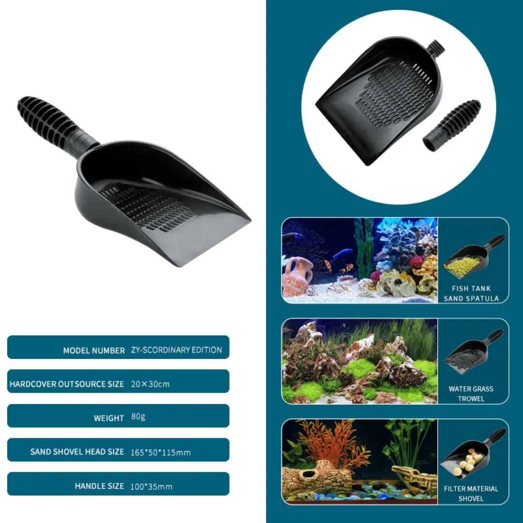 Fish tank multi-purpose sand shovel with removable mounting and quick-drain design, available in long and minimalist options