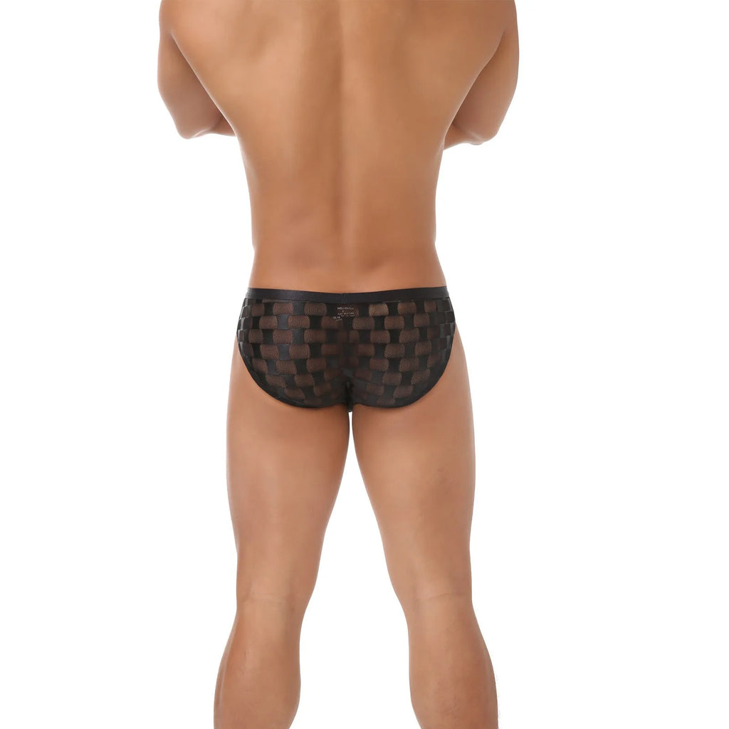 Men's black U-convex plaid mesh underpants showing breathable nylon lace fabric construction