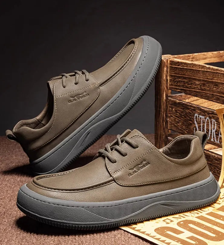 Brown leather retro casual shoes for men with a distinctive big toe design and visible stitching.