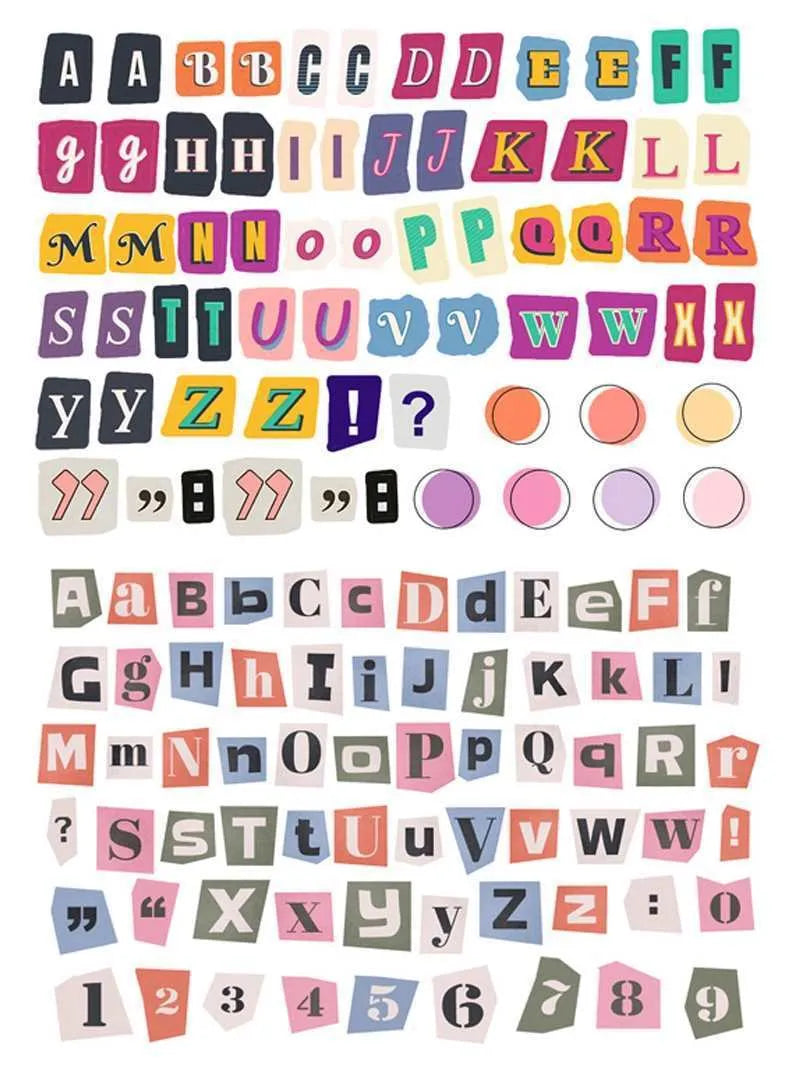 Set of cute style printed decoration stickers showing English letters, numbers, symbols, and weekly words.