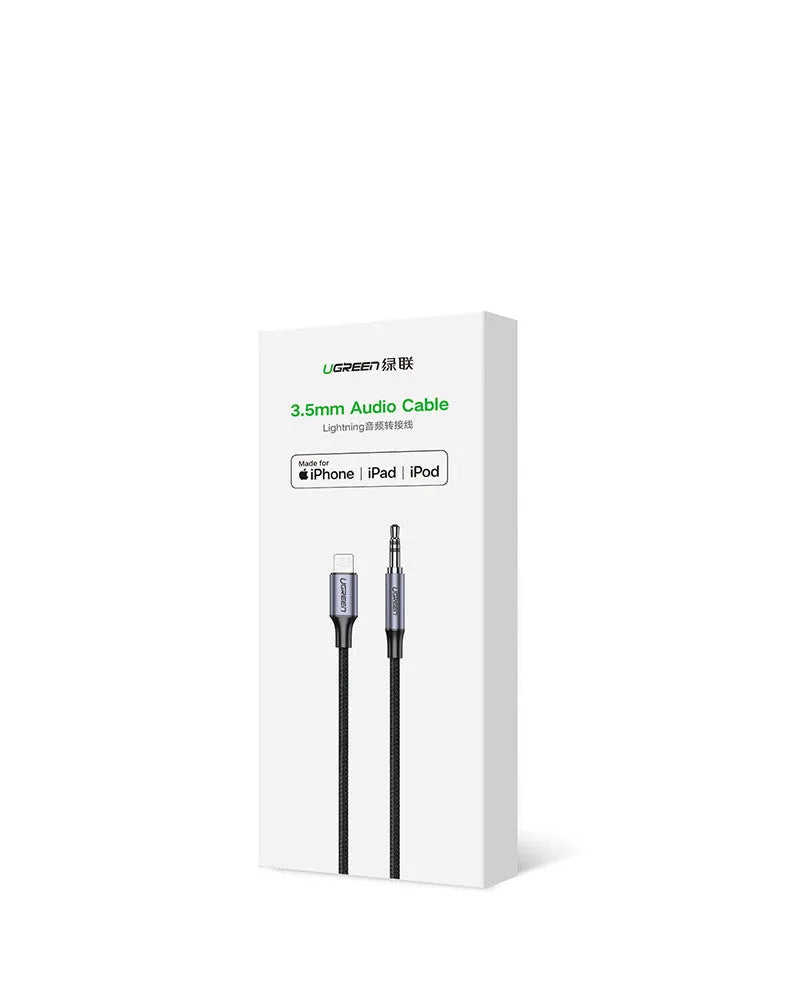 Black Lightning to 3.5mm audio adapter cable with shiny silk braid and aluminium connectors for car stereo connection