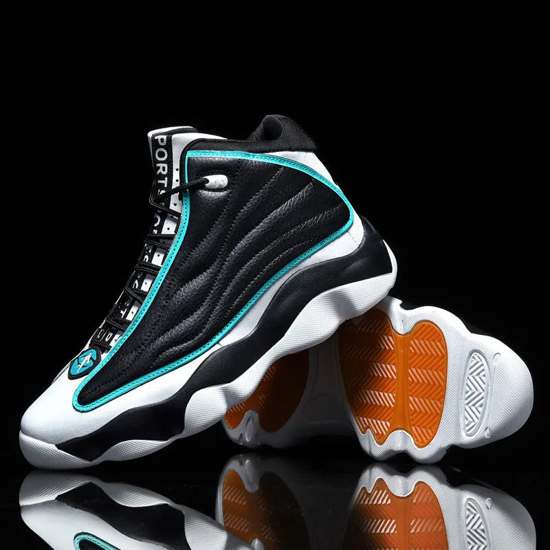 High-top basketball trainers in AJ13 colours with mesh upper and thick rubber sole.
