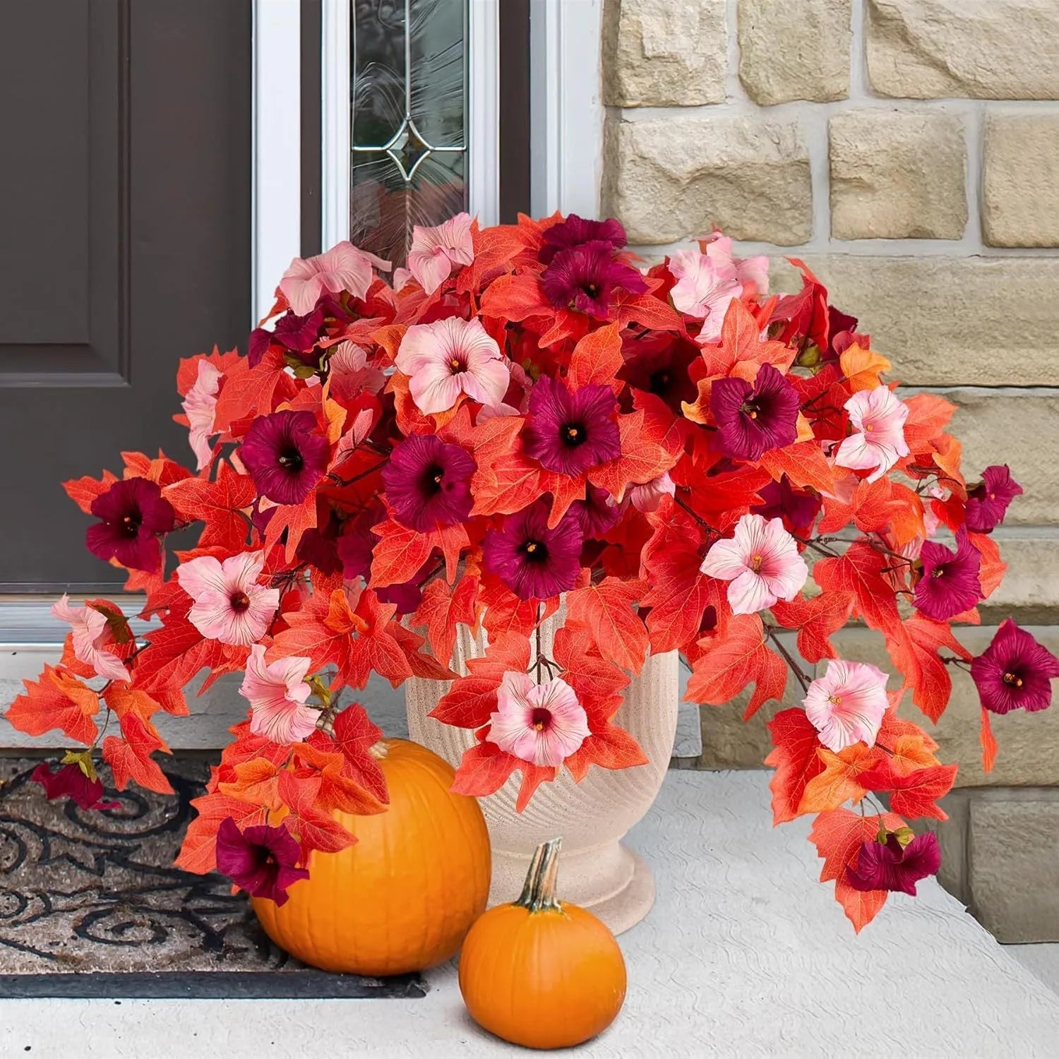 Plastic European courtyard artificial flower container with 12 fork branches and colourful silk flowers.