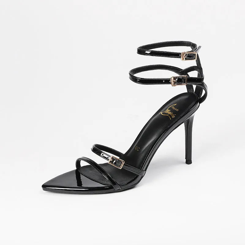 Black patent leather women's sandals with ankle buckle and 8cm stiletto heels