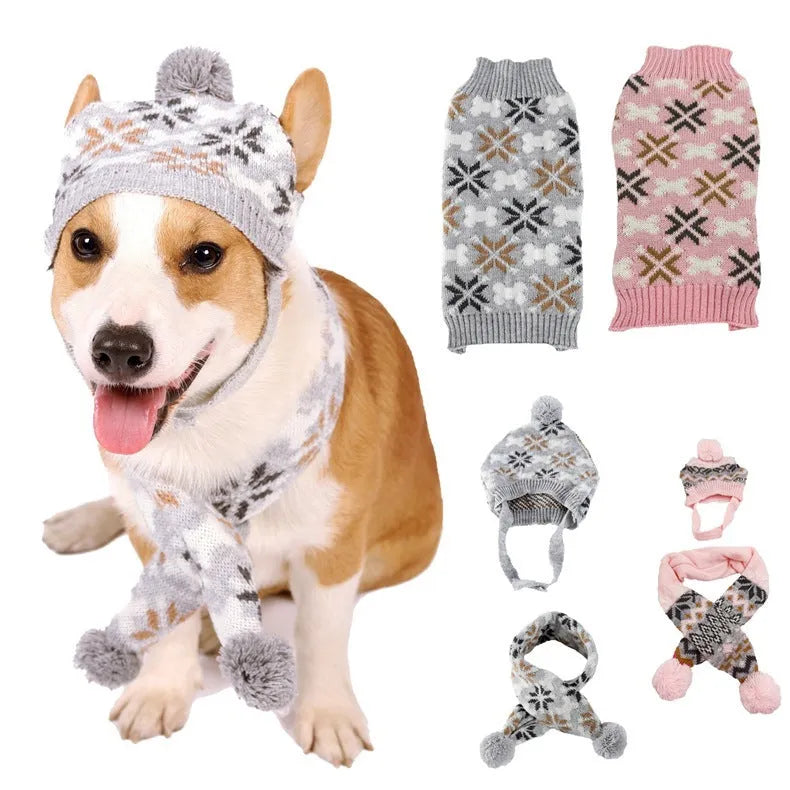 Grey and pink Japanese-style retro jacquard knitted dog jumper sets with matching hat and scarf.