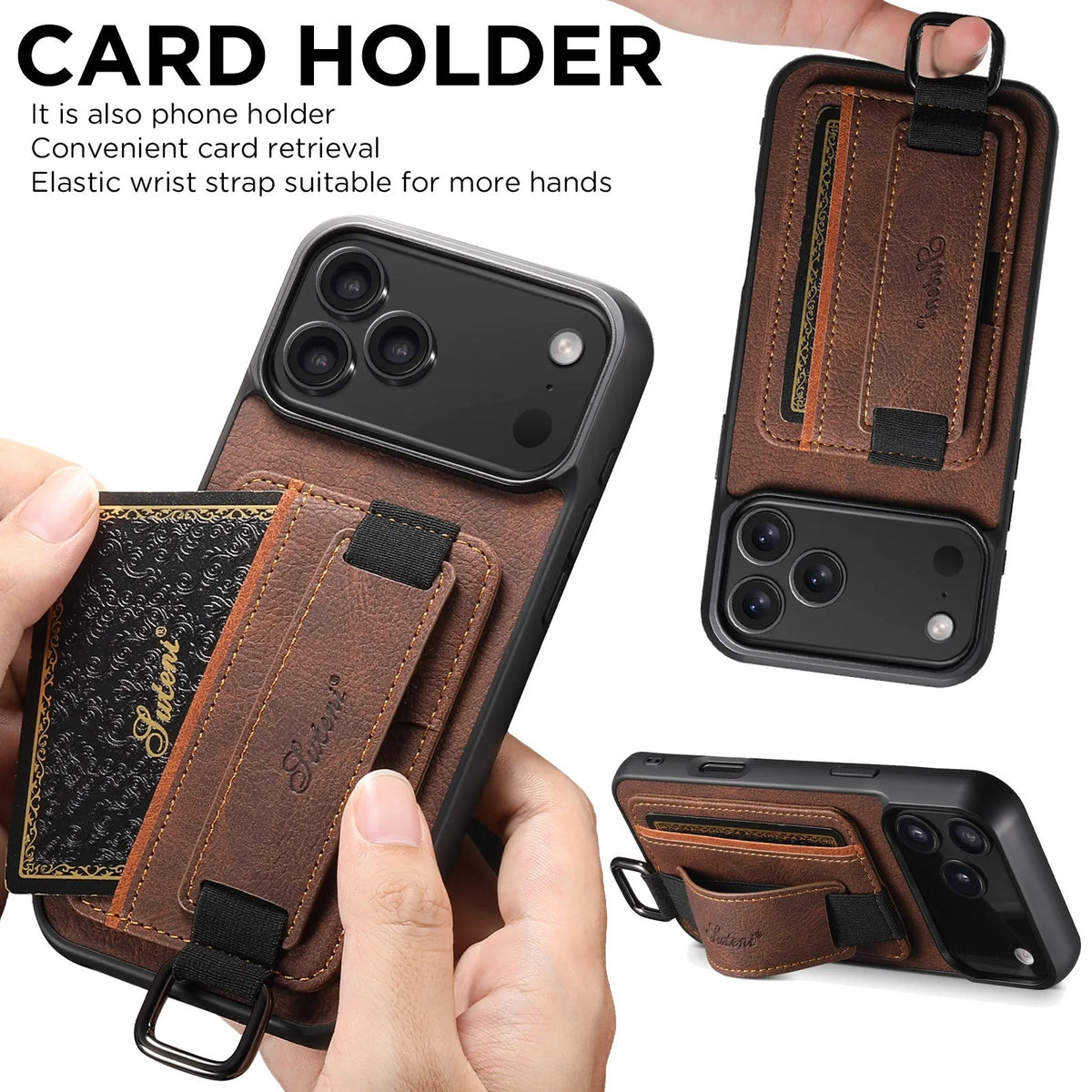 Google Pixel 9 PU leather case with card slot, wrist strap, and kickstand bracket in black