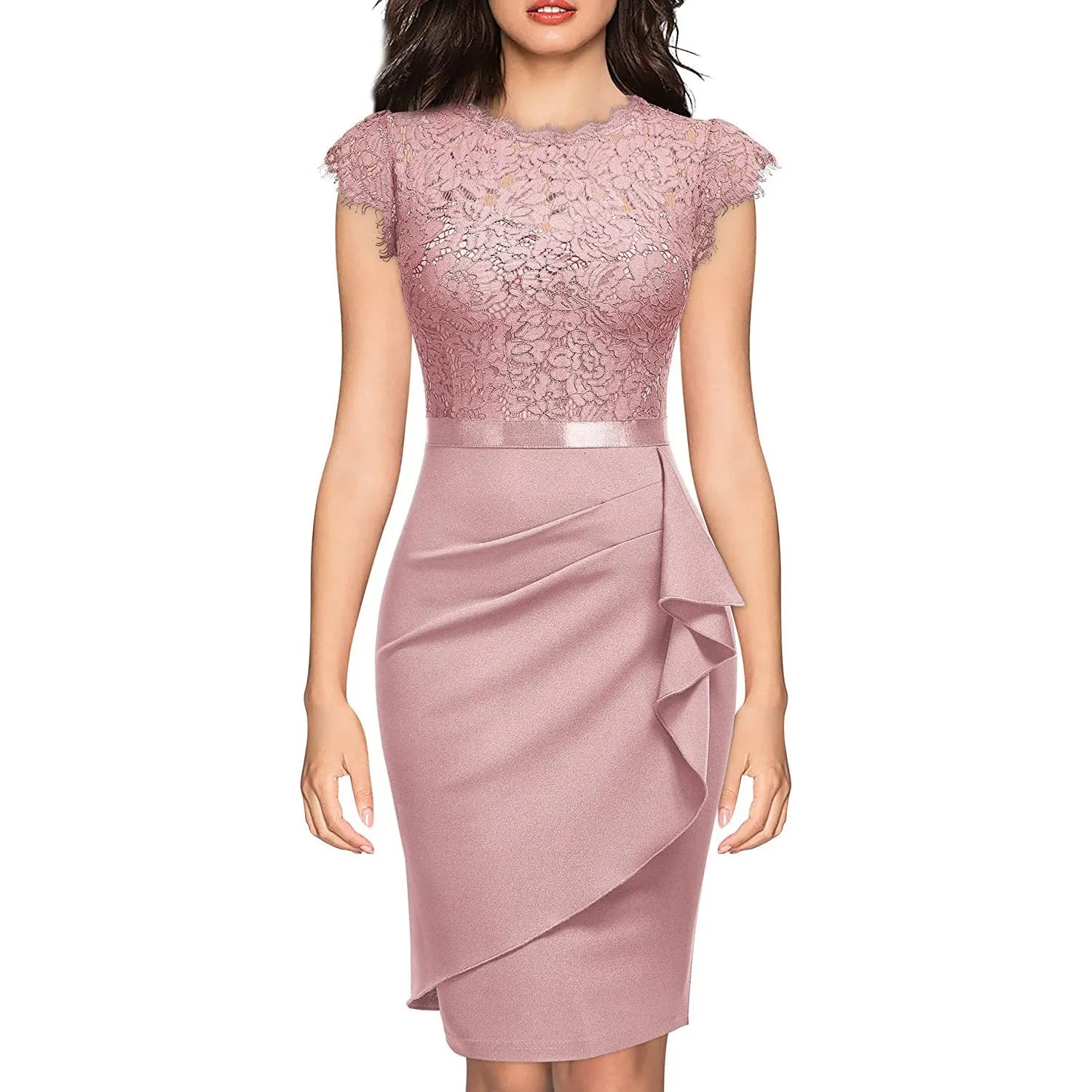 New women's bridesmaid polyester sheath dress with high waist and short sleeves in pink, black, and dark blue