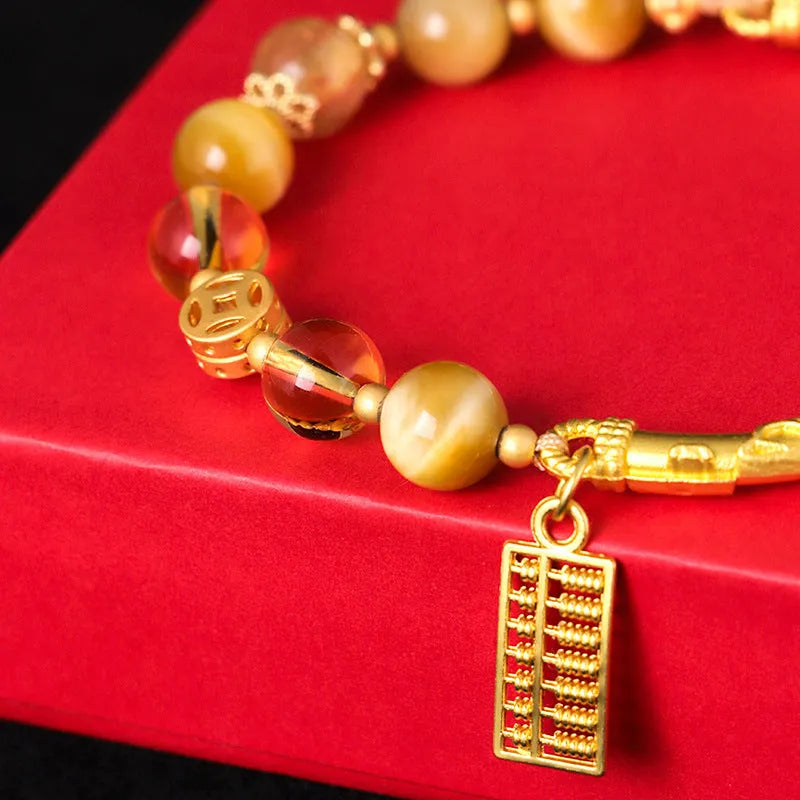 Abacus tag bracelet with tigereye citrine gemstone beads and diamond copper charms