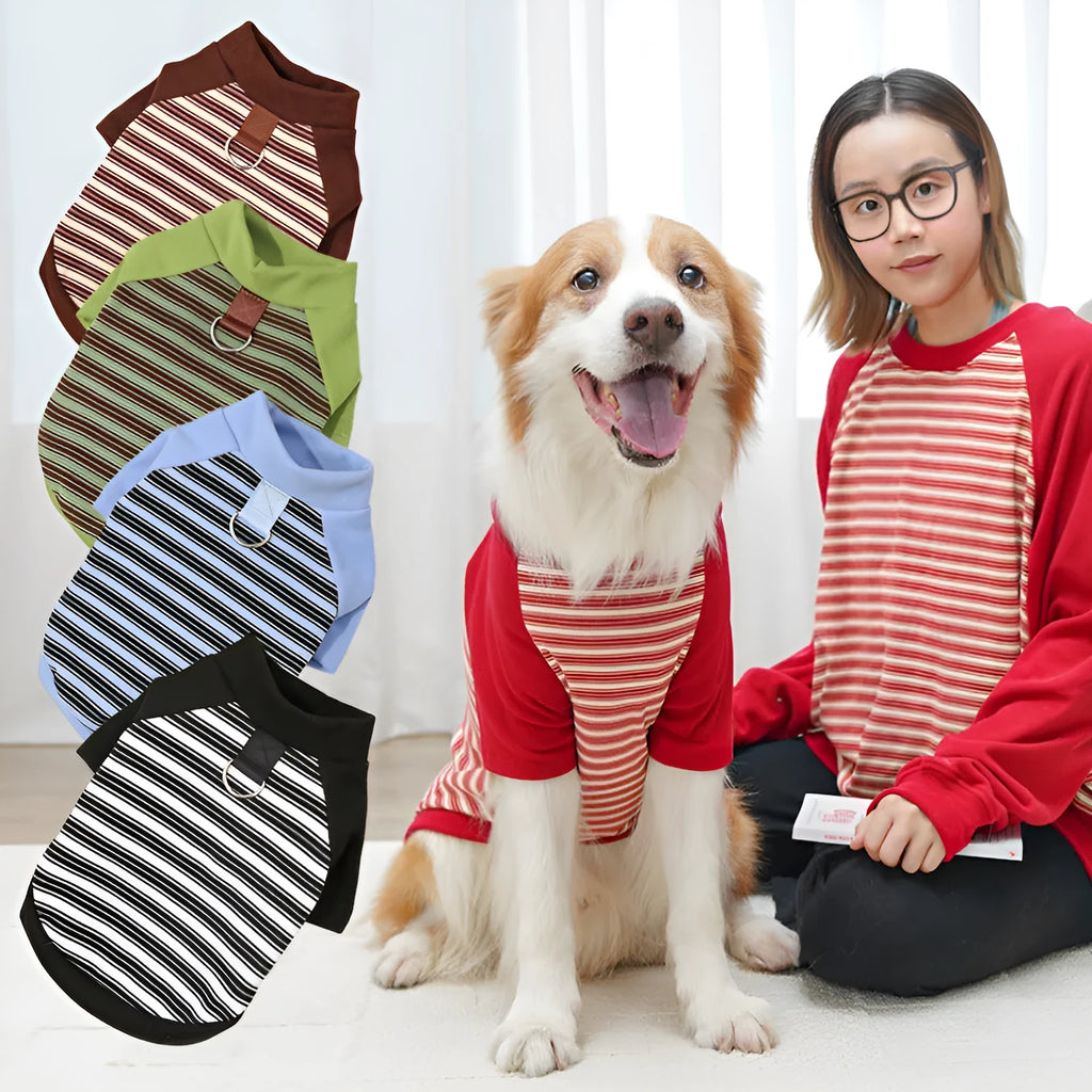 Striped dog undershirt in polyester, unisex, available in red, blue, black, green and brown stripes, sizes XS to 6XL.