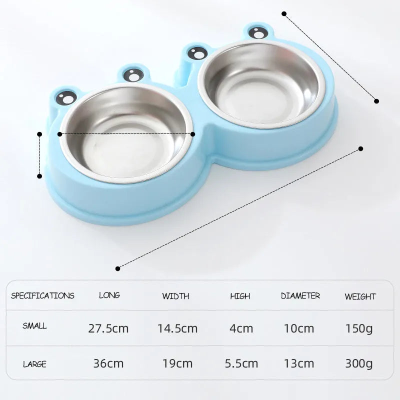 Stainless steel pet double bowl with frog design for separate food and water feeding
