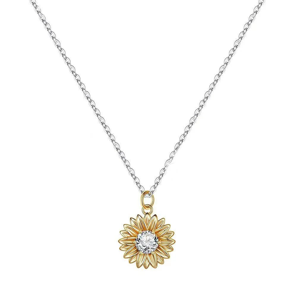 925 silver Love Sunflower necklace with geometry pendant and adjustable cross chain.