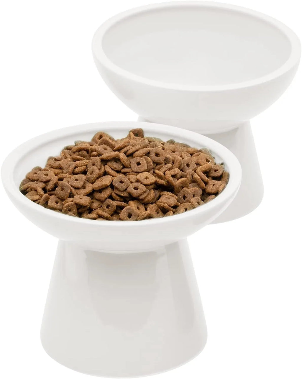 Ceramic elevated cat bowl in blue with wide shallow design for whisker fatigue relief