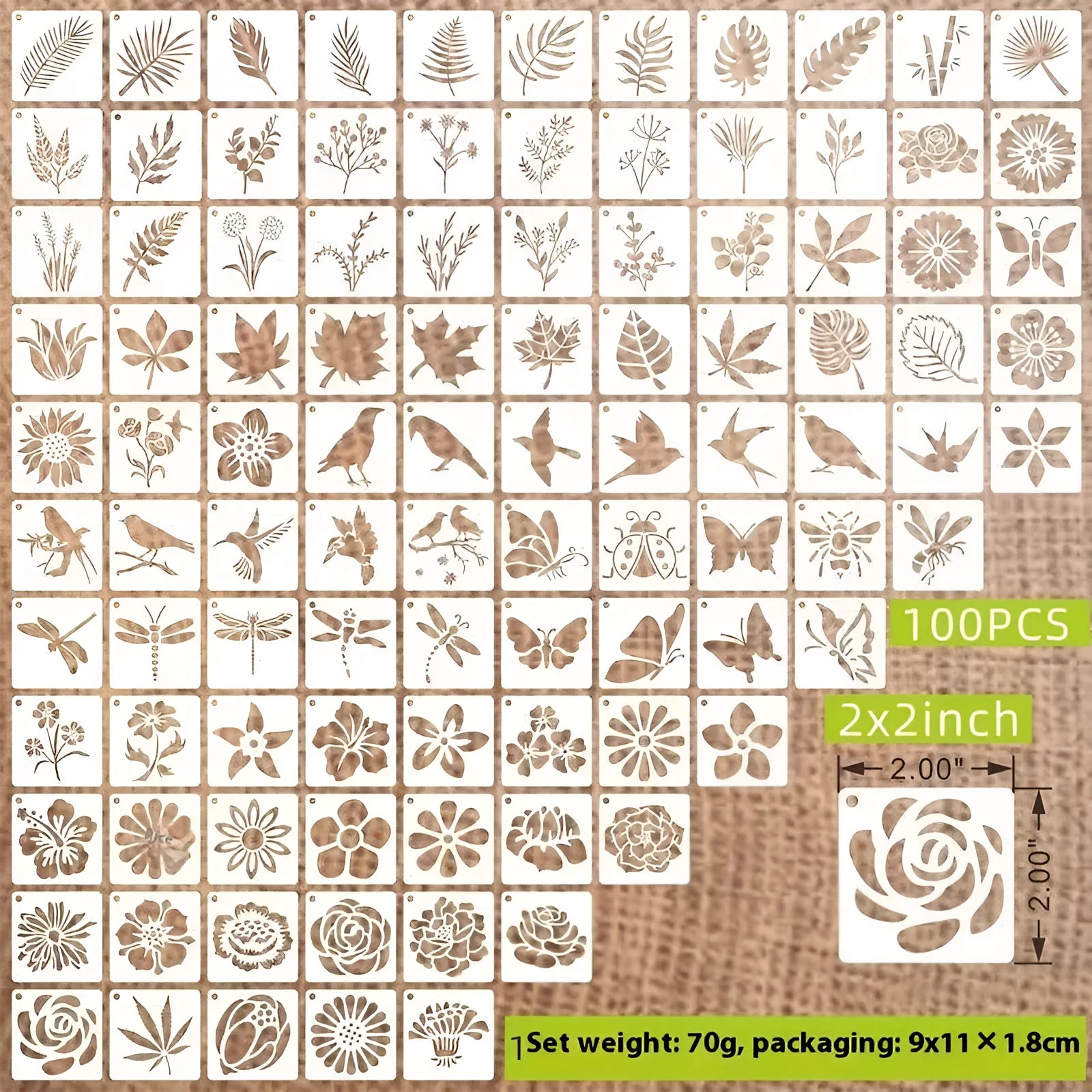 Milky white PET film spray painting stencils showing 2-inch flower, animal, letter, and leaf hollow designs.