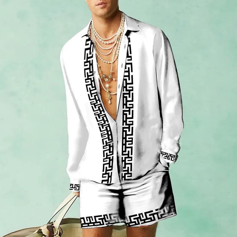 Casual slim-fit long sleeve shirt and matching shorts set for summer, available in various colours.