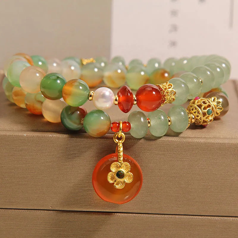 Peacock green agate double ring bracelet for women with safety buckle and rhinestone accents
