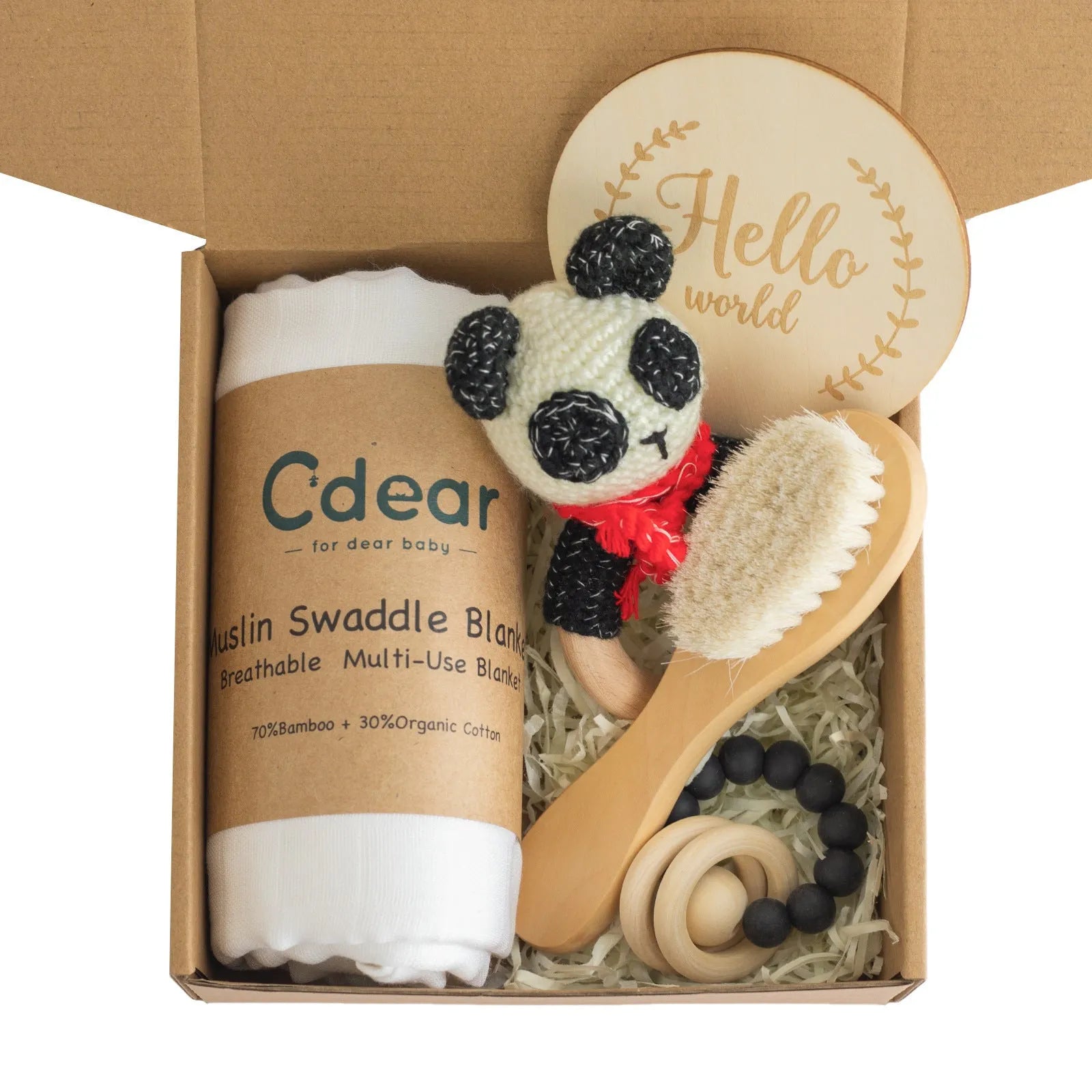 Baby teething gift set with wooden toys and large bamboo-cotton gauze blanket in assorted colours
