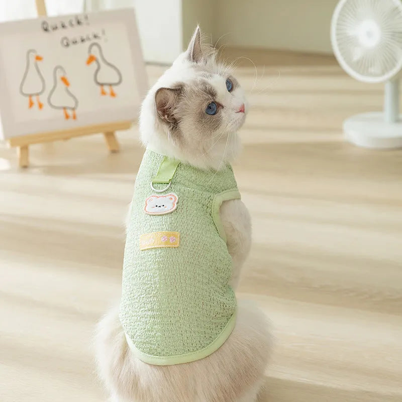 Cat wearing green knitted clothes with hollowed-out bear patch design