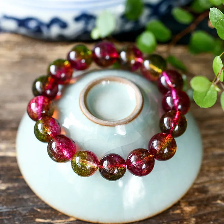 Women's handcrafted watermelon crystal bracelet showing four bead size options from 6mm to 12mm