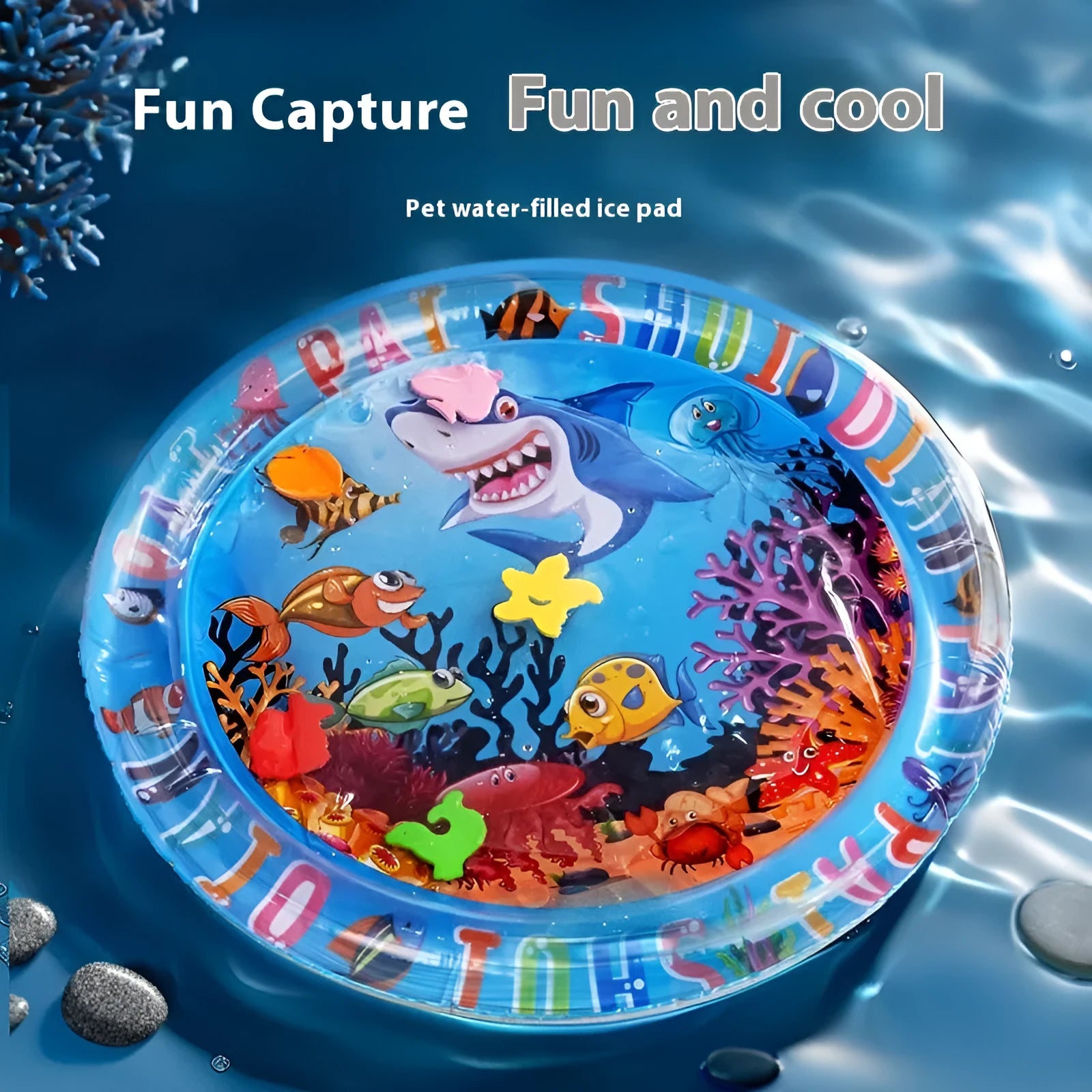 PVC inflatable water bed for cats in 100cm or 65cm sizes with aquatic graphics.