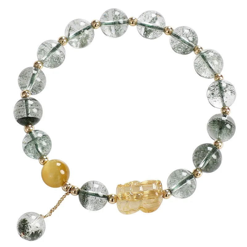 Green phantom quartz crystal bracelet with gold rutile needles and 8mm geometric beads