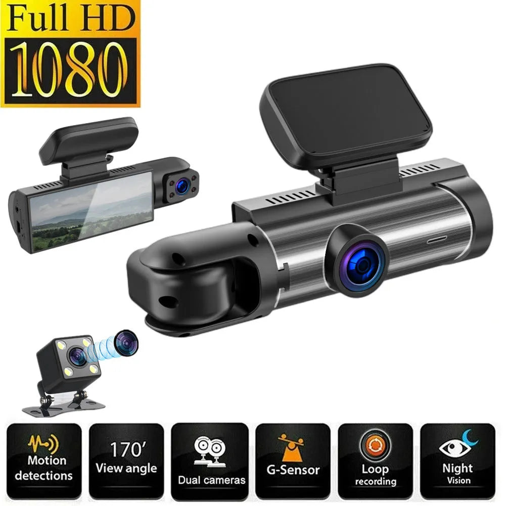 Dual-lens HD driving recorder with 3.5-inch screen mounted in vehicle