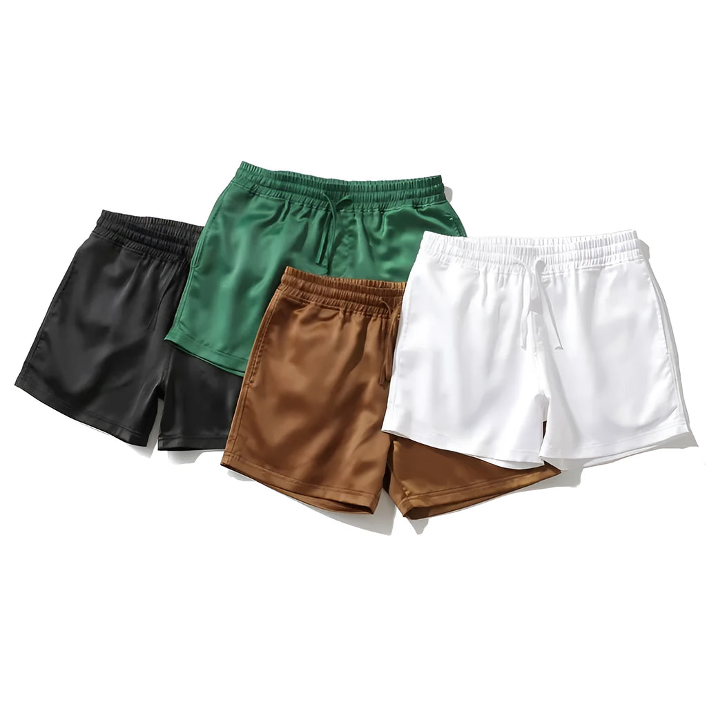 Men's plus size beach shorts in black, loose straight leg cut, mid waist, polyester blend.