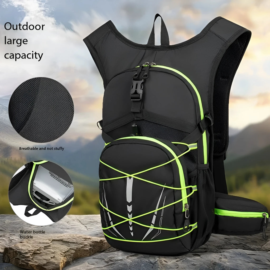 Lightweight hydration backpack with reflective details in black for trail running and mountain biking