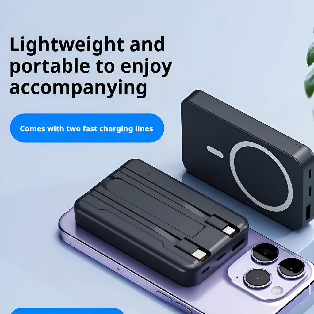 White 10000mAh portable power bank with wireless charging pad and cable, 110 x 68.6 x 21.6mm PVC shell