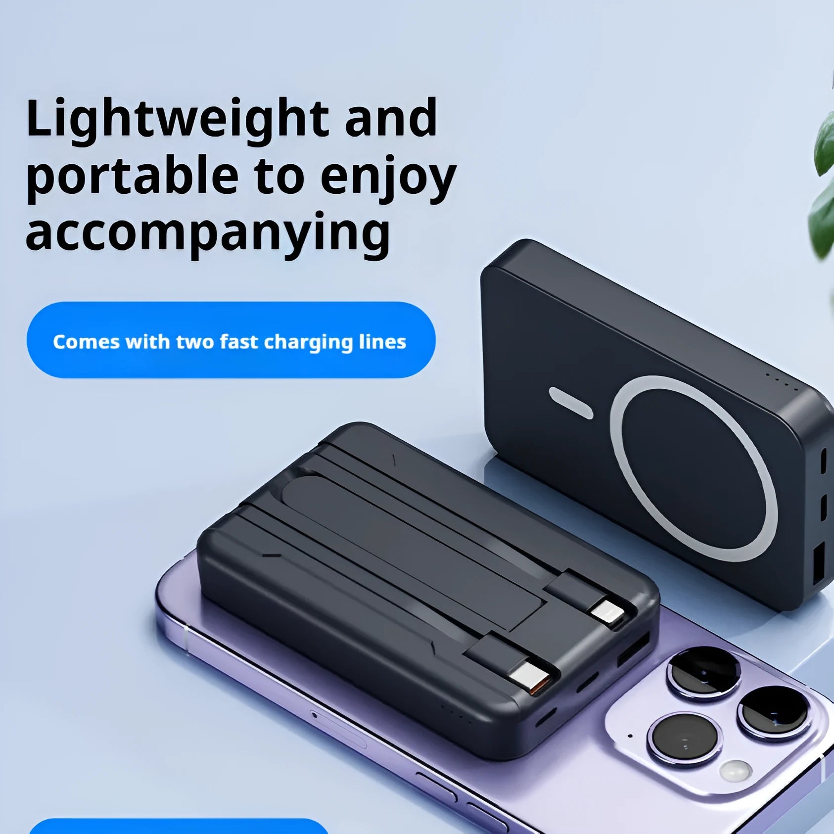 White 10000mAh portable power bank with wireless charging pad and cable, 110 x 68.6 x 21.6mm PVC shell