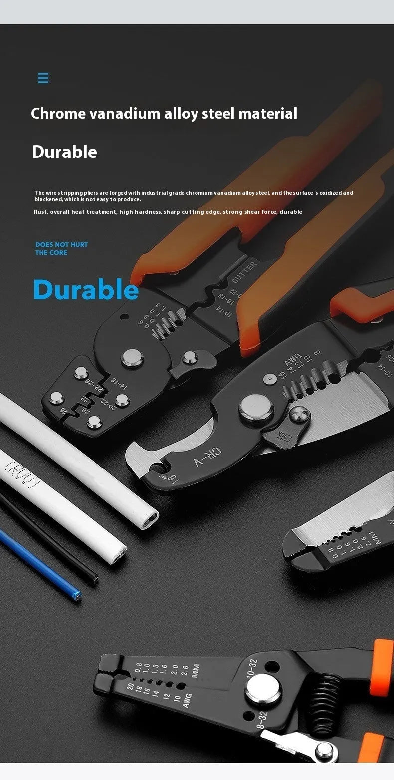 Fully automatic wire stripping pliers tool with high carbon steel blades on a white background.