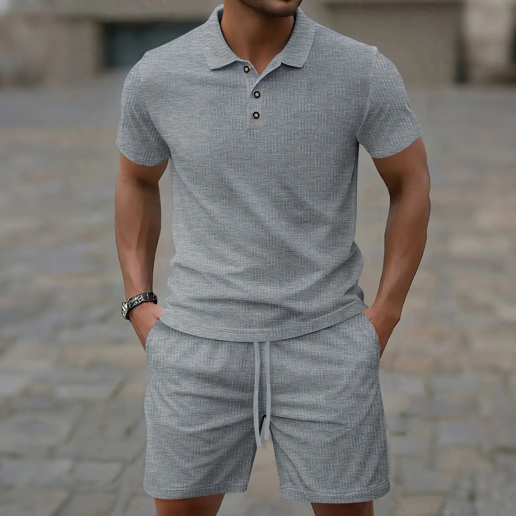 Men's solid colour jacquard short sleeve suit set with matching shorts on a hanger