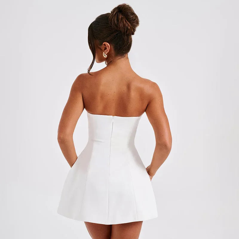 Women's backless tube dress with A-line skirt in solid colour options